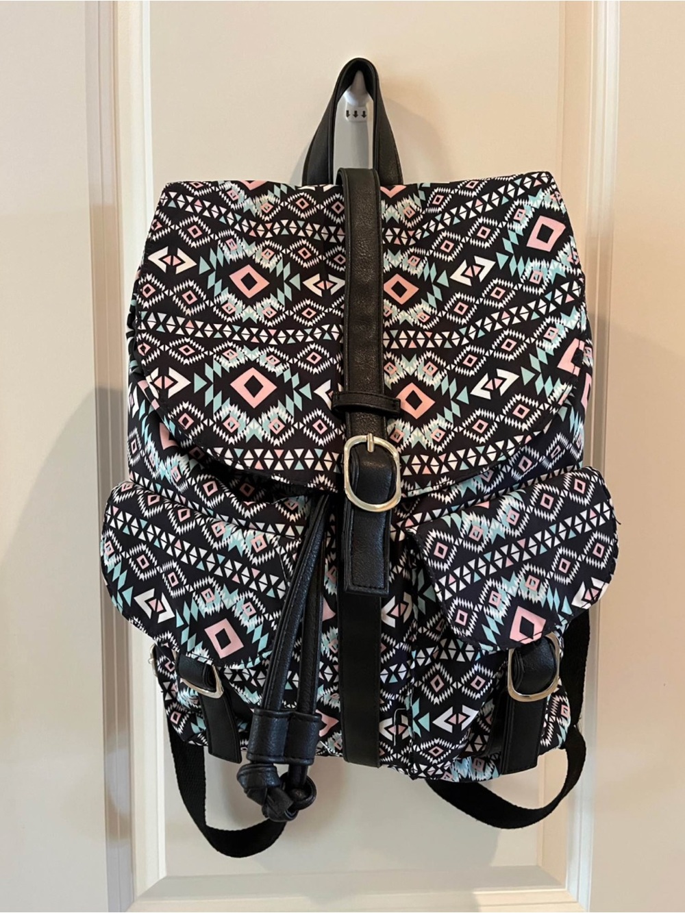 Patterned Aztec Print Backpack in Black, Pink & Mint